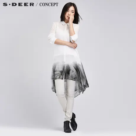 sdeer圣迪奥女装轻盈阔摆水墨印花长款衬衫S16280572图片
