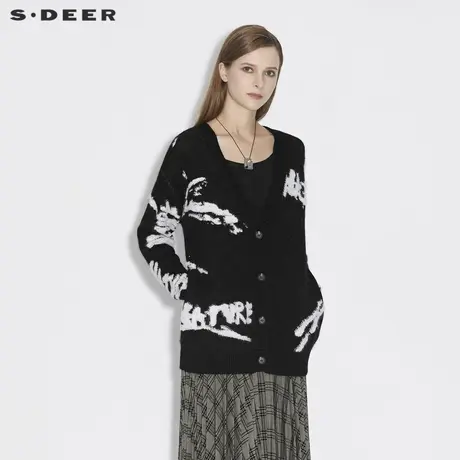 sdeer圣迪奥女装春秋装休闲撞色钩花慵懒开衫针织衫女S21363512图片