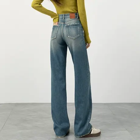 窄版直筒牛仔裤女2025春季新款郑州女裤毛边破洞拖地裤高腰阔腿裤商品大图