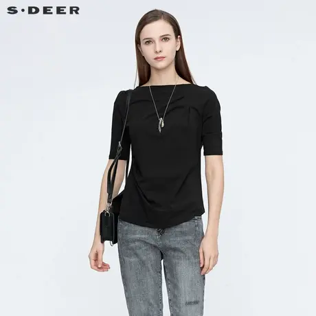 sdeer圣迪奥女装休闲圆领堆叠开衩中袖T恤S21280101图片