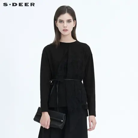 sdeer圣迪奥女装圆领肌理网纱拼接收腰黑色长袖针织T恤S20480201图片