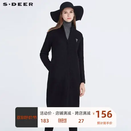 sdeer圣迪奥女装时尚立领字母贴布直筒黑色长款毛呢大衣S194A1801🐀图片