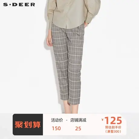 sdeer圣迪奥女装复古格纹腰带压褶休闲九分裤S21360823图片