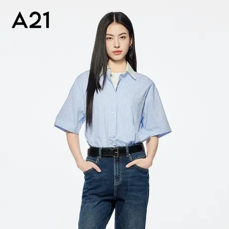 A21女装竖条纹宽松显瘦衬衫简约撞色翻领落肩袖上衣学院风百搭商品大图