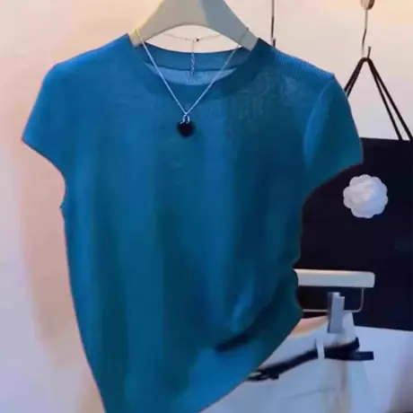 冰丝针织正肩短袖t恤女夏季罩衫薄款设计感小众独特漂亮的小上衣图片