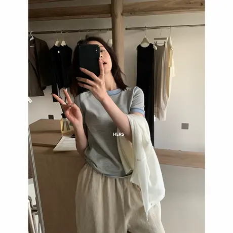 2025春夏新款简约ins风博主调性条纹撞色明线设计感百搭短袖T恤女商品大图