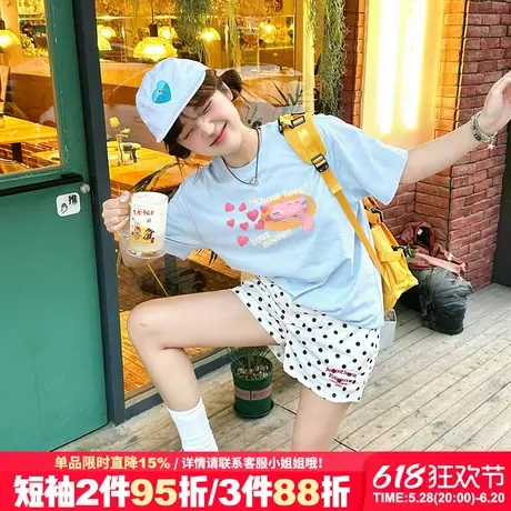 奶呼呼天蓝色短袖t恤女chic学院风减龄纯棉减龄正肩半袖上衣夏季商品大图