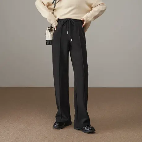 娅丽达高弹拖地直筒裤女冬季休闲裤子2024新款女裤黑色窄版阔腿裤商品大图