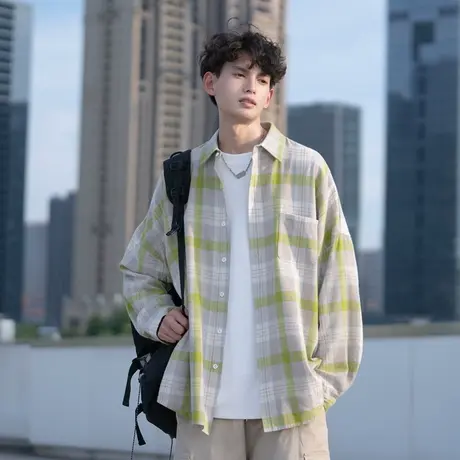 回力日系格子长袖衬衫男春秋季2025新款上衣宽松休闲男生衬衣外套商品大图