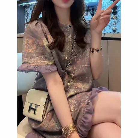 爵莱菲大码欧货重磅2025年夏季新款时尚紫色短袖连衣裙女装高级感商品大图