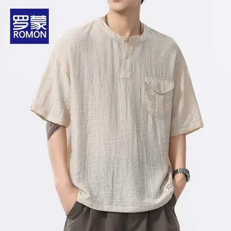罗蒙男士短袖POLO衫夏薄款2025新款亚麻宽松圆领潮流透气体恤男款商品大图