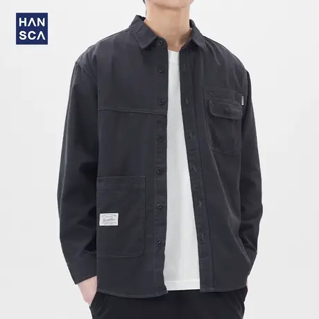 汉斯卡2022新款宽松休闲衬衫男春季青少年潮流宽松百搭工装外套男商品大图