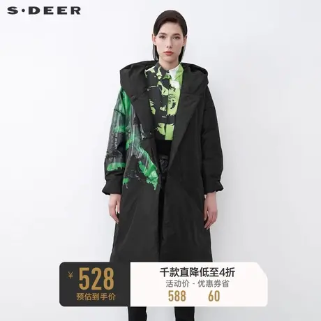 sdeer圣迪奥冬休闲连帽撞色印花长款黑色羽绒服S21482495🌨商品大图