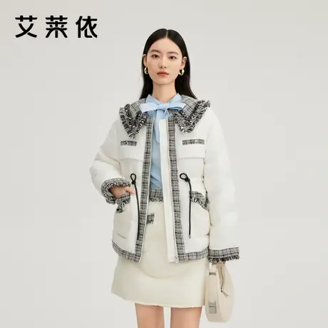 艾莱依新款羽绒服抽绳收腰可拆卸撞色领粗花呢H版小香风精致外套商品大图