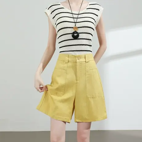 莱赛尔天丝亚麻五分短裤女夏季薄款高腰宽松黄色休闲a字阔腿热裤商品大图