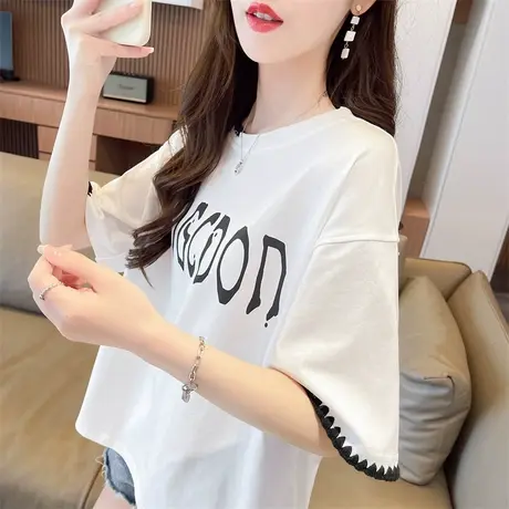 设计感小众短袖t恤女2024新款夏季韩版宽松大码女装撞色学生上衣商品大图