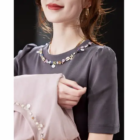 宝诗黎圆领钉钻棉质短袖T恤女2025春季简约百搭正肩修身休闲上衣商品大图