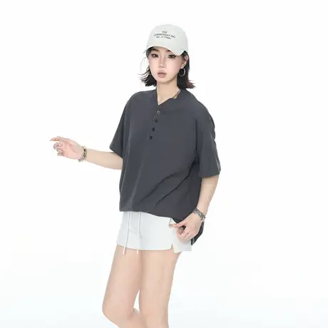 YEP美式复古小立领短袖t恤女夏季新款正肩半袖情侣装亨利衫POLO衫商品大图