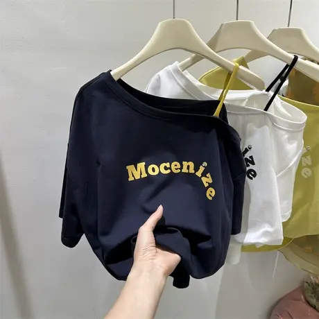 字母T恤女一字肩短袖上衣2025夏季新款斜领露肩吊带背心短款体恤商品大图