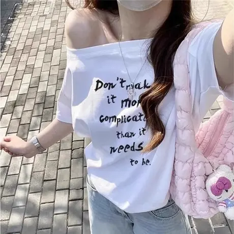 美式辣妹一字斜肩露肩短袖T恤女夏季韩版宽松显瘦纯欲性感上衣潮图片