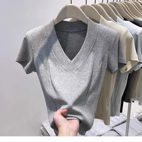 V领短袖洋气夏季短款卡腰t恤修身打底独特绝美小上衣小众甜酷ins商品大图