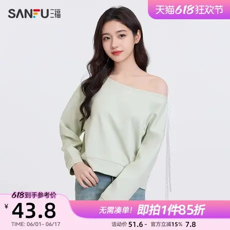 三福卫衣2025春季蕾丝绑带蝴蝶结刺绣甜美上衣女装496587图片