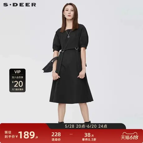 sdeer圣迪奥女装方领拼接收腰黑色衬衫连衣裙S22261245图片