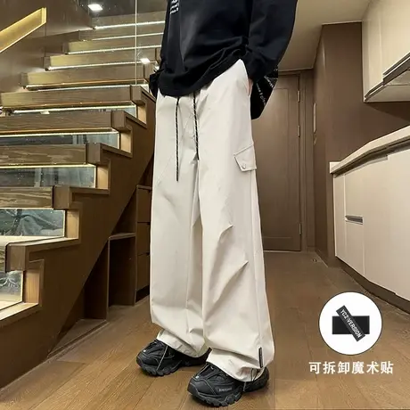 裤子男夏季2025新款宽松直筒休闲裤港风可拆卸魔术贴纯色冲锋长裤商品大图