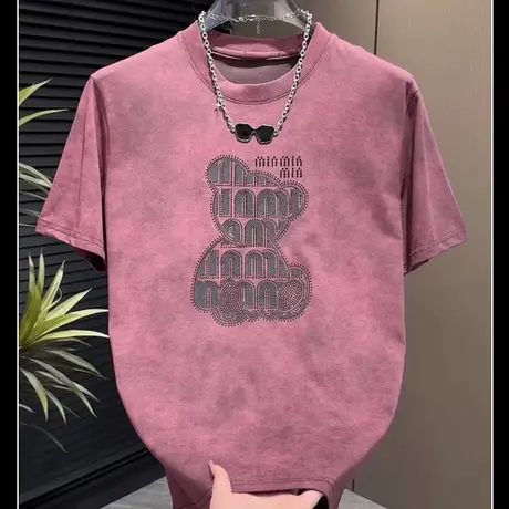 重工烫钻小熊男士短袖夏季新款时尚潮流圆领百搭T恤痞帅休闲半袖t图片