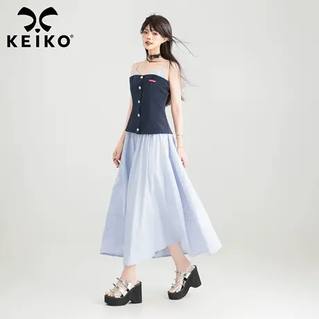 KEIKO 通勤知性拼色吊带连衣裙夏季高级感法式修身显瘦束腰型长裙图片