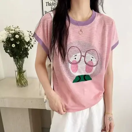 2025夏季新款圆领薄款宽松针织短袖女设计感小众t恤爆款冰丝上衣图片