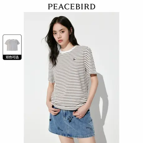 【断码清仓】太平鸟条纹T恤衫女短袖夏新款圆领宽松直筒针织图片