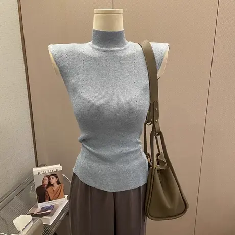 女人味～气质半高领背心女显瘦针织衫无袖打底上衣修身短款内搭夏商品大图