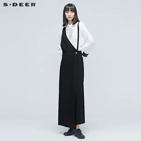 sdeer圣迪奥春装文艺不规则裁剪纽扣黑色阔腿背带裤长裤S20380816图片