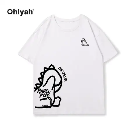 Ohlyah春夏新款呆坐捂眼小恐龙印花潮牌短袖t恤男女宽松情侣上衣图片