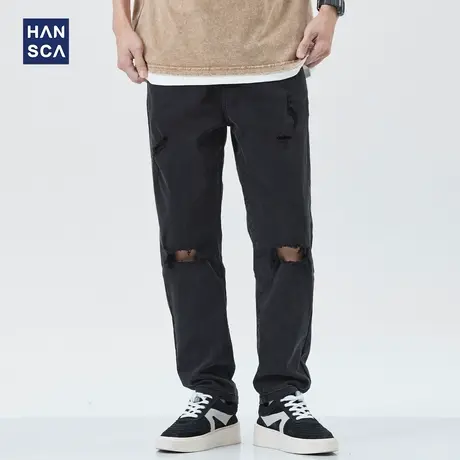 hansca黑色牛仔裤男美式高街春季新款潮牌破洞休闲痞帅弹力长裤子图片