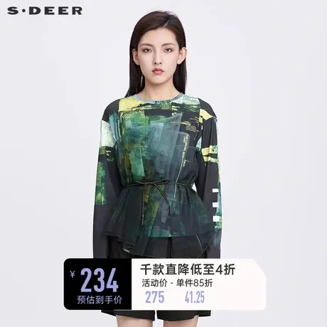 sdeer圣迪奥女春装圆领字母印花收腰网纱长袖T恤S22180220图片