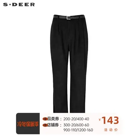 sdeer圣迪奥女装复古腰带压褶肌理灯芯绒黑色长裤S21460812图片