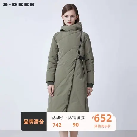 sdeer圣迪奥女装高领连帽收腰斜襟拼接长款羽绒服S21482461图片