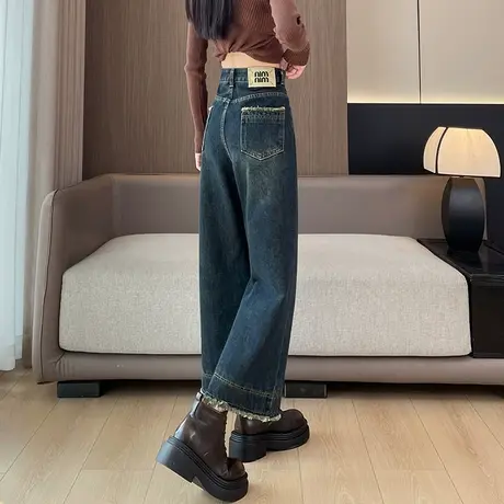 复古直筒牛仔裤女春秋新款高腰宽松显瘦小个子八九分毛边阔腿裤潮商品大图