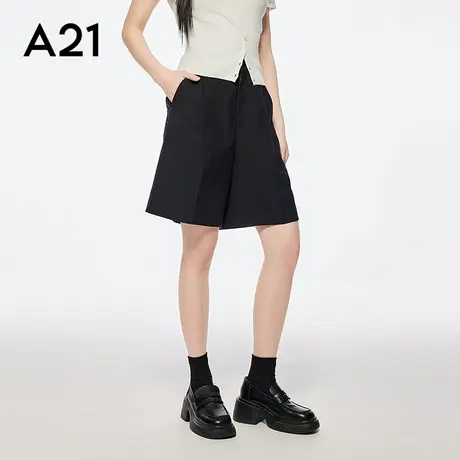 A21女装黑色松紧腰休闲裤简约褶皱中裤宽松阔腿短裤宽松显瘦百搭商品大图