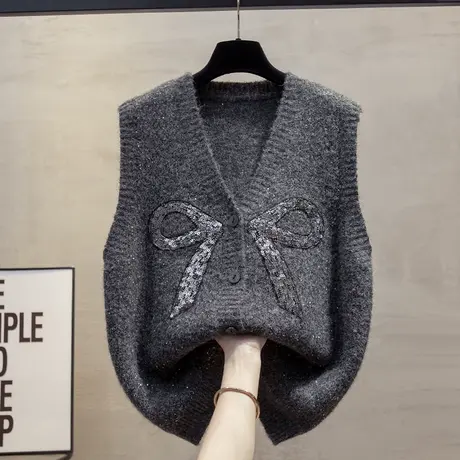 亮片开衫v领针织马甲背心2025春秋新款宽松外穿马夹叠穿毛衣坎肩图片