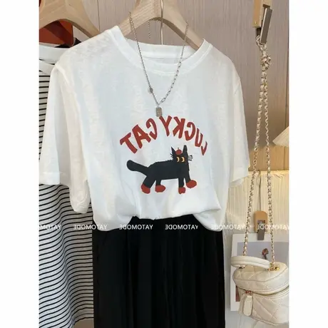 轻薄透气雪花棉t恤女夏宽松短袖正肩圆领卡通猫咪印花上衣体恤衫图片