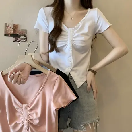 小个子短款V领正肩短袖T恤女夏季2025新款修身显瘦甜辣妹上衣半袖图片