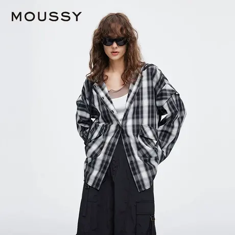 【U先试用】moussy2025夏季新品复古街头撞色格纹连帽长袖衬衫商品大图