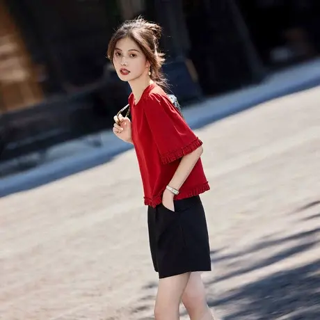 时尚气质通勤气质百搭衬衫女2024年夏季新款亲肤减龄圆领休闲上衣图片