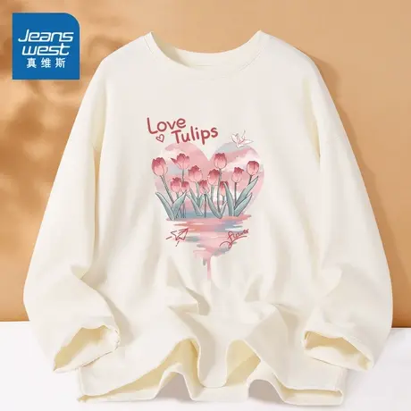 KMV真维斯纯棉长袖t恤女2025新款春夏正肩圆领体恤小众设计感上衣商品大图