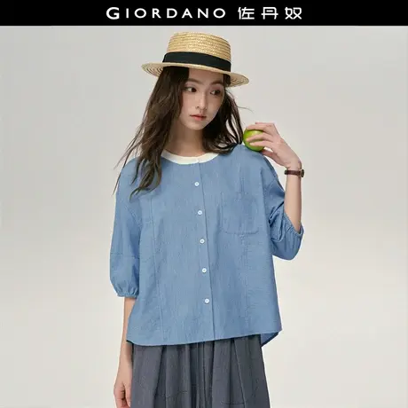 设计师款佐丹奴条纹衬衫女新款拼色圆领口袋中袖牛仔衬衫18345213商品大图