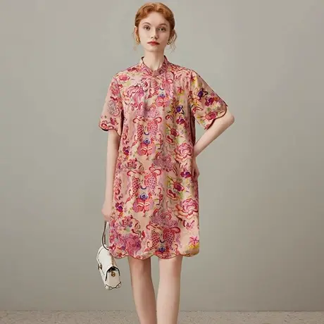 爵莱菲大码新中式国风提花连衣裙女2025夏季新款小个子改良旗袍裙商品大图