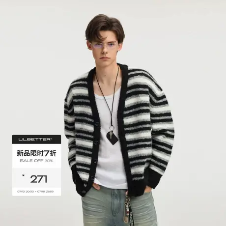Lilbetter黑白宽窄条纹圈圈纱开衫毛衣2025秋舒适通勤V领针织衫男商品大图